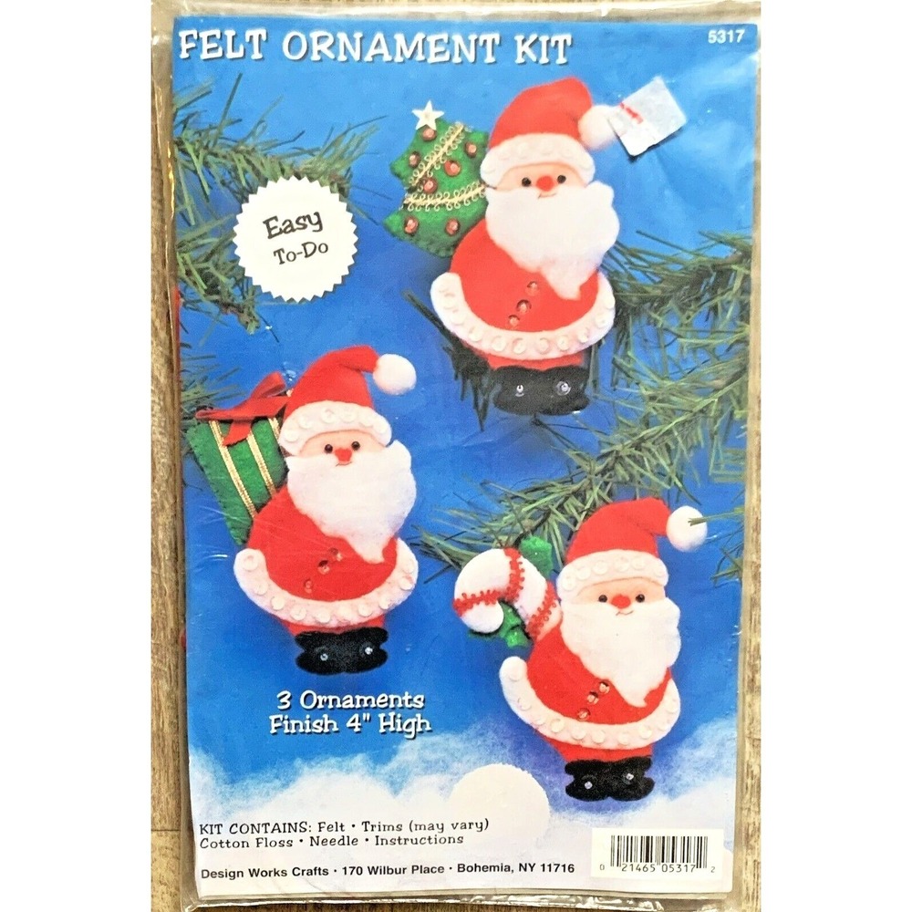 Set of 3 SANTA CLAUS Large 4" Ornaments Christmas Craft Kit Felt & Sequins NOS
